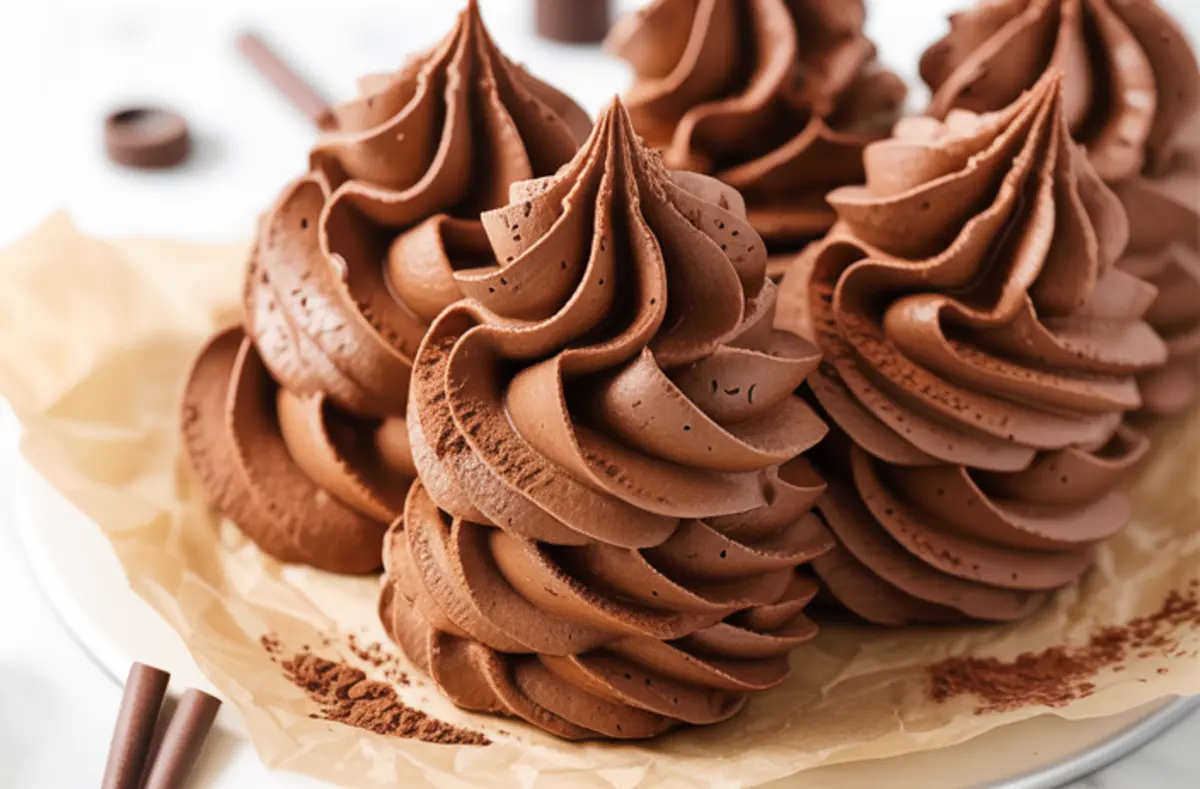 Swirls of piped chocolate buttercream frosting arranged in a group on parchment paper, dusted with cocoa powder and surrounded by chocolate sticks. This image features a smooth chocolate buttercream recipe styled as piped rosettes, perfect for cake or cupcake frosting inspiration.
