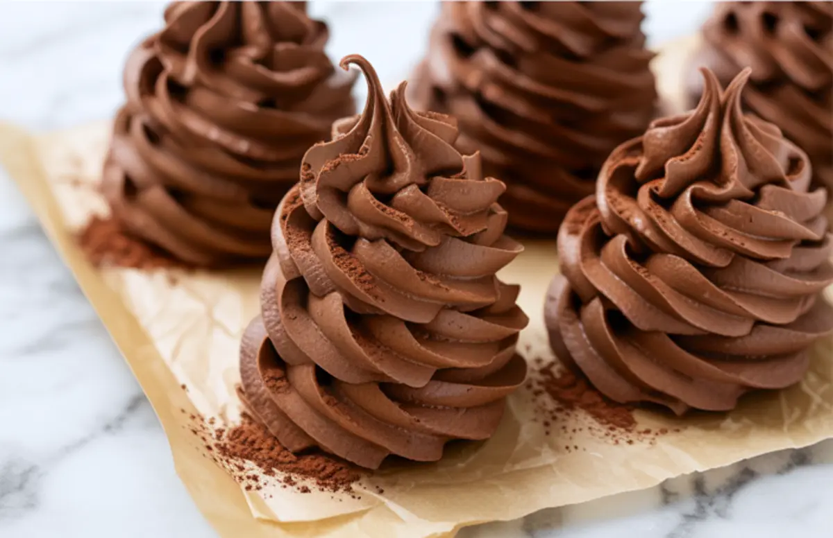 Chocolate buttercream frosting piped into high swirls on parchment, with dusted cocoa powder and a marble background. These piped chocolate buttercream peaks highlight a rich, fluffy texture, making them ideal examples of chocolate frosting recipes for decorating cakes and cupcakes.
