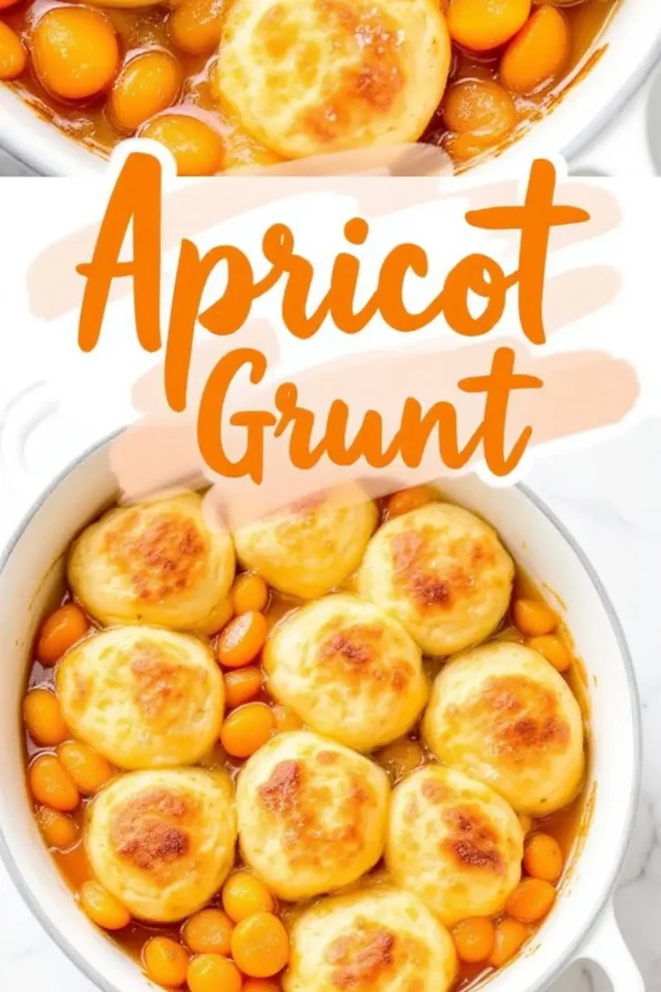 A baked apricot grunt dessert in a white casserole dish, featuring golden brown biscuit dumplings on top of juicy apricots, with a text overlay that says “Apricot Grunt” in bold orange letters.