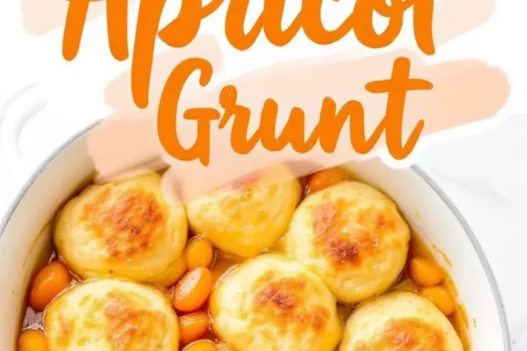 A baked apricot grunt dessert in a white casserole dish, featuring golden brown biscuit dumplings on top of juicy apricots, with a text overlay that says “Apricot Grunt” in bold orange letters.