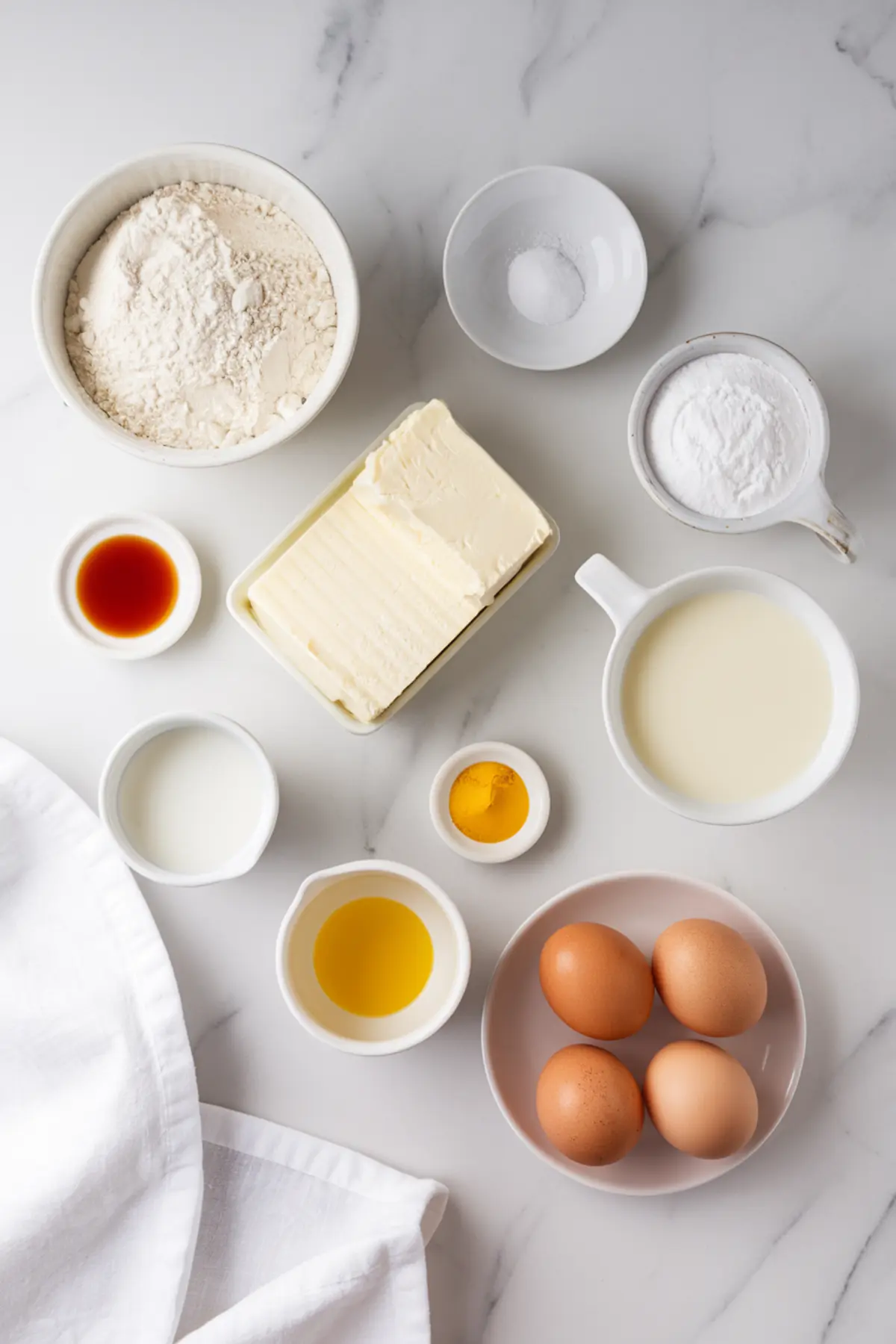 A flat lay of baking ingredients arranged on a white marble countertop. The setup includes flour, butter, eggs, vanilla extract, baking powder, salt, milk, vegetable oil, and yellow food coloring, all neatly placed in bowls and measuring cups.