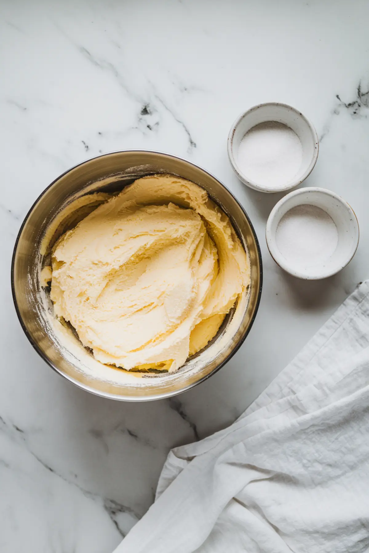 A bowl of freshly whipped buttercream frosting with a pale yellow hue sits on a marble countertop. Two small ceramic bowls containing sugar and salt are nearby. A soft white kitchen towel is draped to the side.