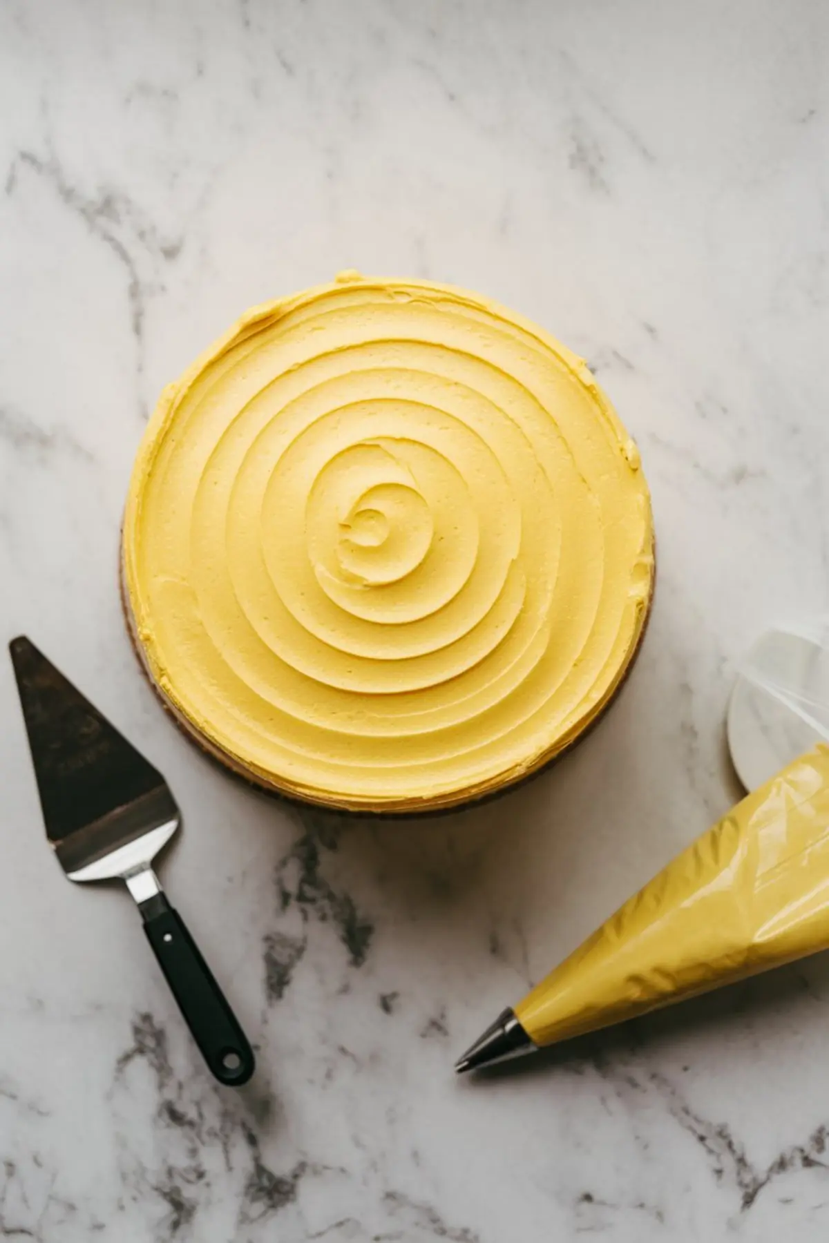A cake covered in smooth yellow buttercream frosting, viewed from above. The frosting is piped in a spiral pattern, and a piping bag filled with yellow frosting rests beside it. A cake spatula is placed on the marble surface.