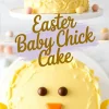 A collage featuring two images of the Easter baby chick cake. The top image highlights the textured buttercream design with mini candy eggs around the base. The bottom image focuses on the cake’s chick face with chocolate eyes, an orange beak, and piped buttercream wings. The text overlay reads “Easter Baby Chick Cake” in playful typography.