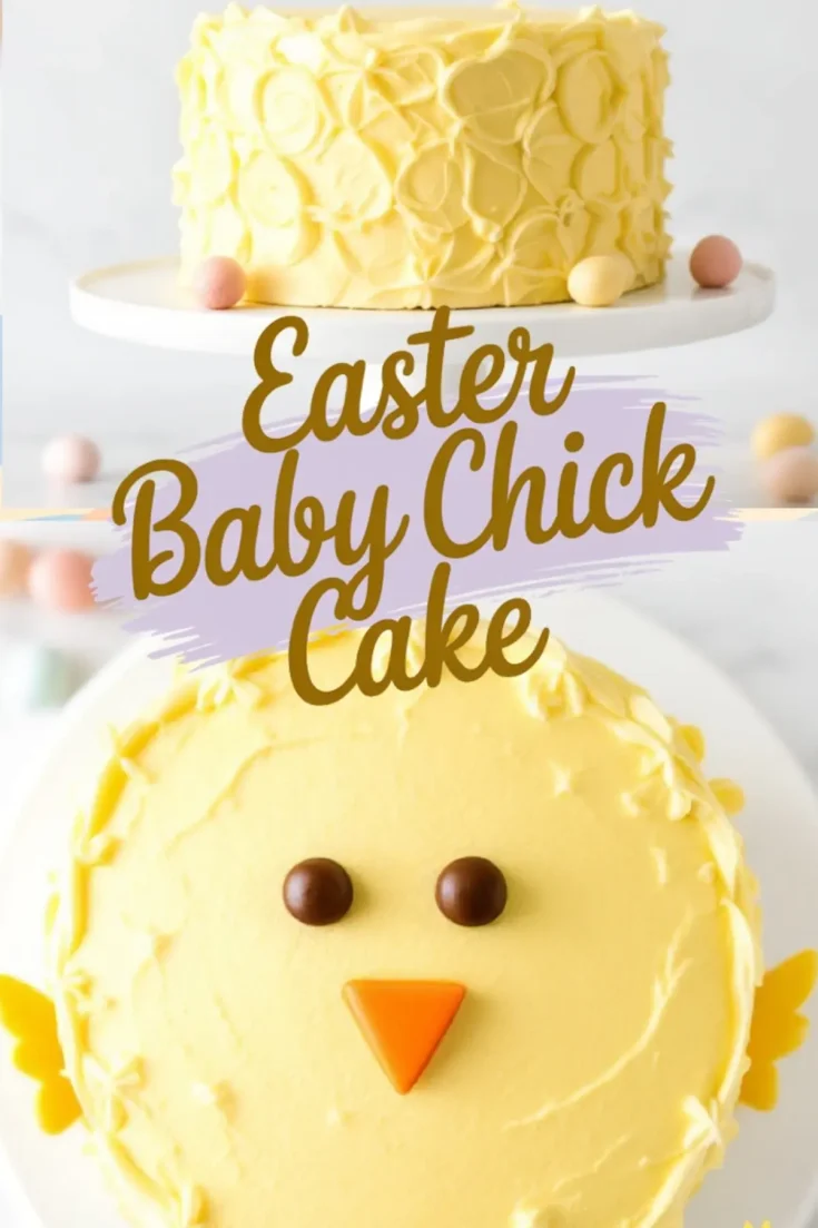 A collage featuring two images of the Easter baby chick cake. The top image highlights the textured buttercream design with mini candy eggs around the base. The bottom image focuses on the cake’s chick face with chocolate eyes, an orange beak, and piped buttercream wings. The text overlay reads “Easter Baby Chick Cake” in playful typography.