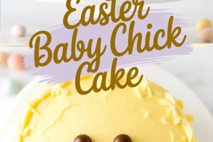 A collage featuring two images of the Easter baby chick cake. The top image highlights the textured buttercream design with mini candy eggs around the base. The bottom image focuses on the cake’s chick face with chocolate eyes, an orange beak, and piped buttercream wings. The text overlay reads “Easter Baby Chick Cake” in playful typography.