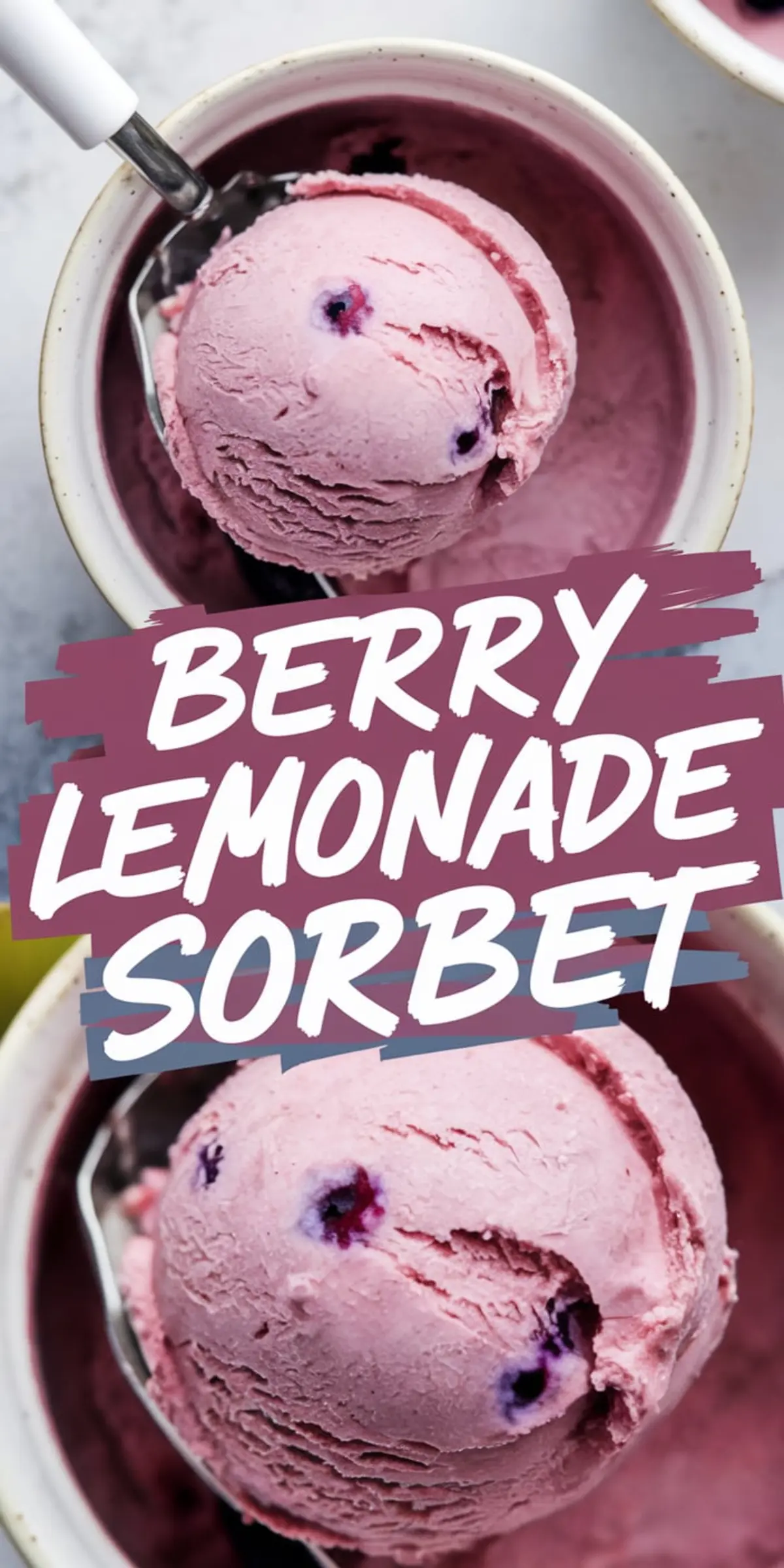 Top view of a single scoop of berry lemonade sorbet in a speckled bowl with a metal scooper, showcasing smooth texture and whole blueberries, paired with a bold magenta text overlay that reads “Berry Lemonade Sorbet.”