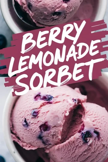 Close-up of berry lemonade sorbet scoops in a white bowl, with a bold magenta text overlay that reads “Berry Lemonade Sorbet,” highlighting the creamy texture and visible whole berries in the frozen dessert.