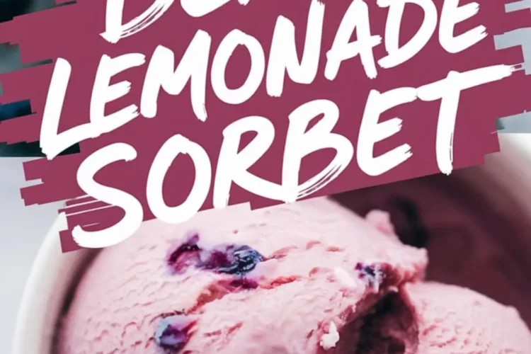 Close-up of berry lemonade sorbet scoops in a white bowl, with a bold magenta text overlay that reads “Berry Lemonade Sorbet,” highlighting the creamy texture and visible whole berries in the frozen dessert.