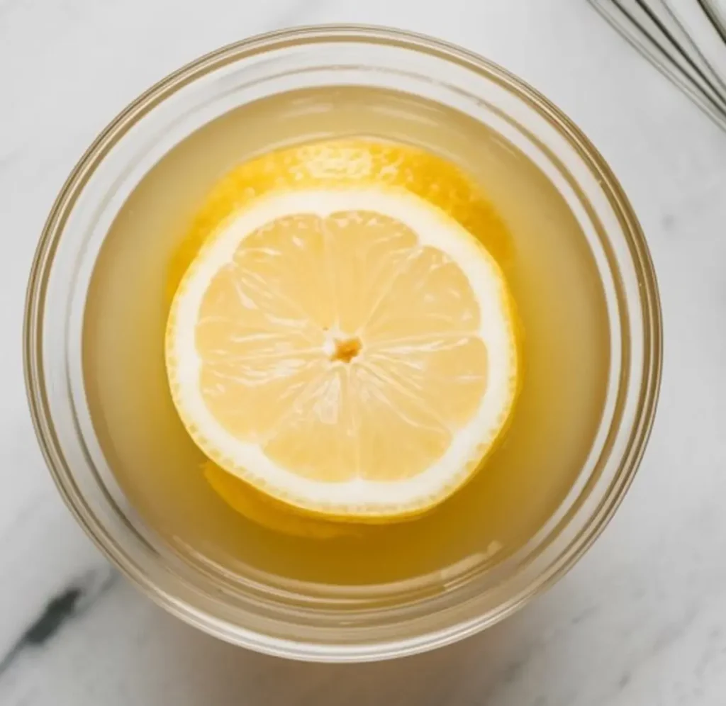 Glass bowl filled with lemon juice and a floating lemon slice on a white marble surface, capturing a fresh citrus element essential to berry lemonade sorbet recipes.