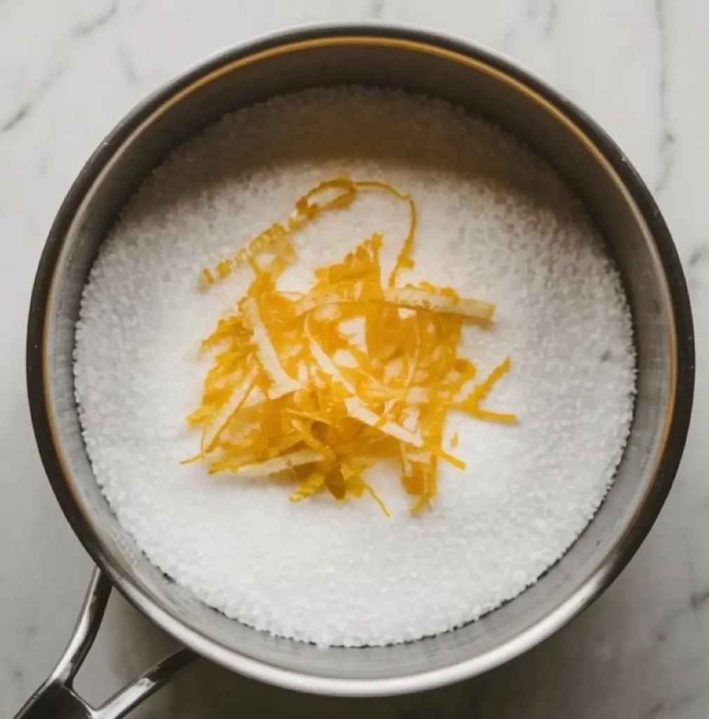 Metal saucepan filled with granulated sugar and a mound of fresh lemon zest in the center, showing the start of citrus-infused simple syrup preparation for sorbet.