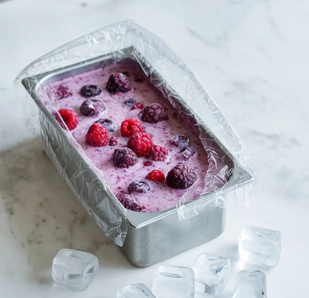 Rectangular metal container lined with plastic wrap and filled with vibrant berry lemonade sorbet mixture, topped with frozen raspberries and blueberries, surrounded by ice cubes on a white marble surface.