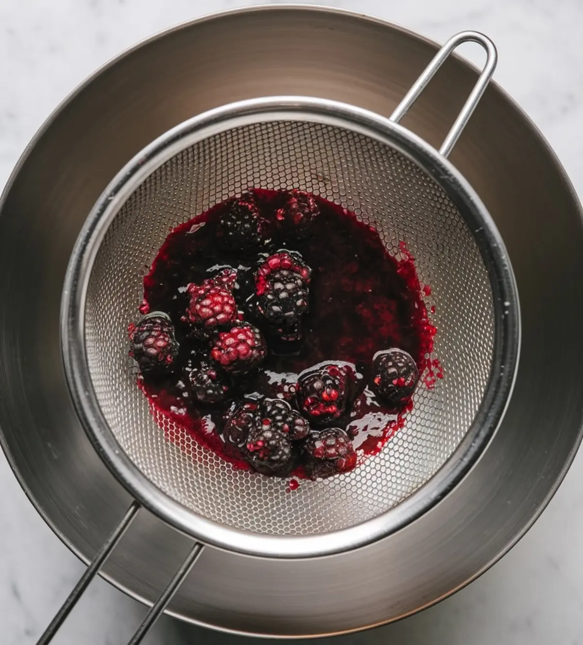 Metal strainer placed over a mixing bowl, filled with mashed blackberries and dark berry juice, illustrating the berry juicing process for homemade sorbet recipes.
