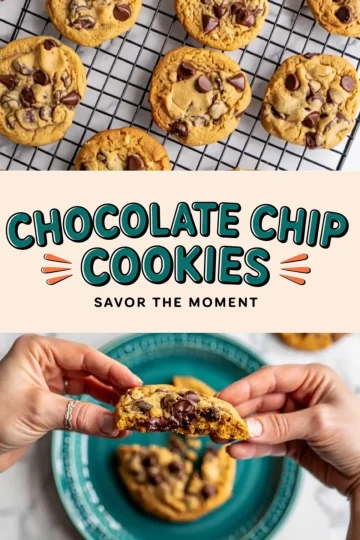 Collage image with two parts: top section shows a batch of chocolate chip cookies cooling on a rack, while the bottom section captures hands pulling apart a gooey chocolate chip cookie over a teal plate with the text “Chocolate Chip Cookies - Savor the Moment.”