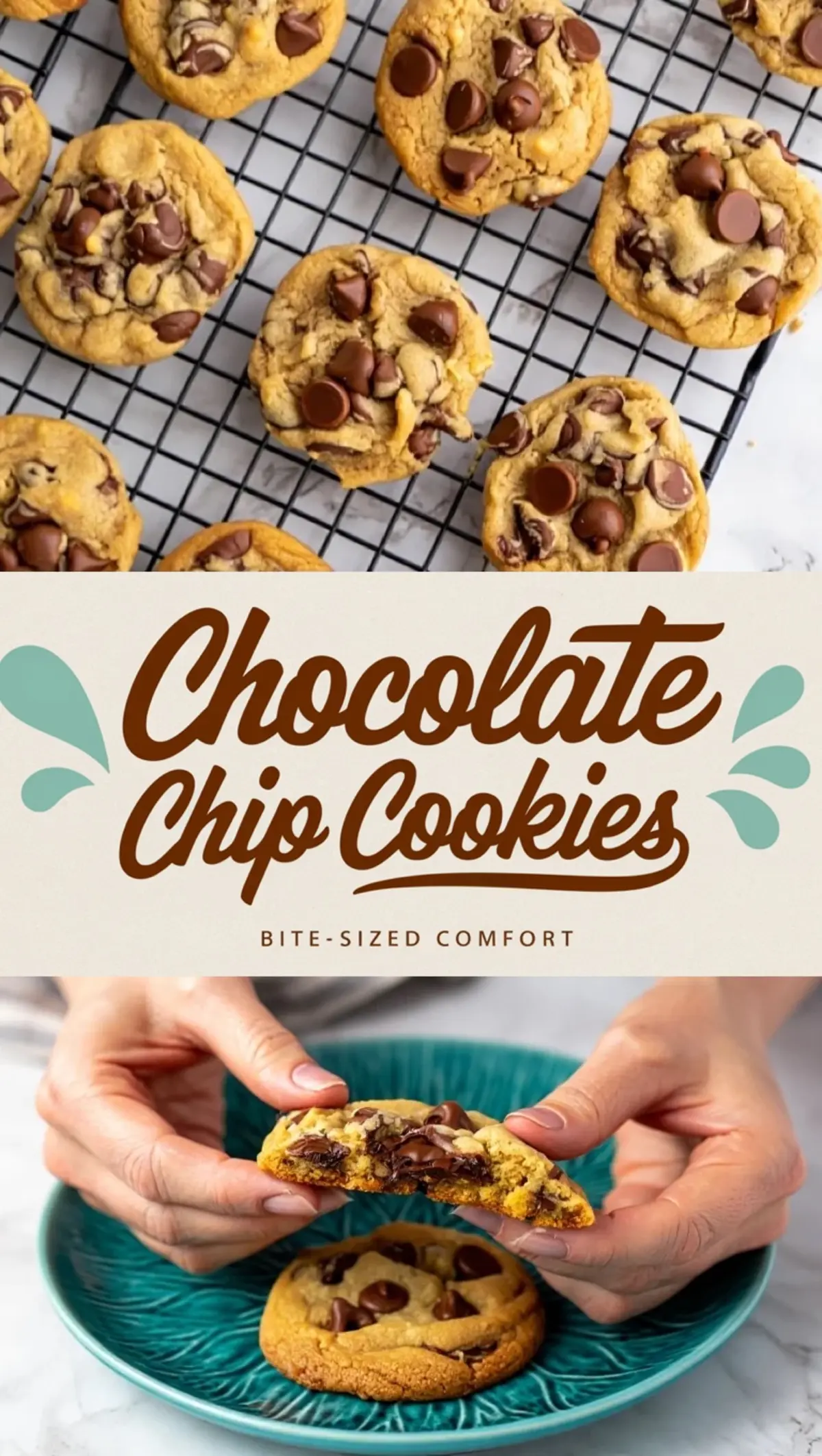 Collage image with two parts: top section shows freshly baked chocolate chip cookies cooling on a wire rack, while the bottom section features hands breaking a warm cookie in half over a turquoise plate with the text “Chocolate Chip Cookies - Bite-Sized Comfort.”