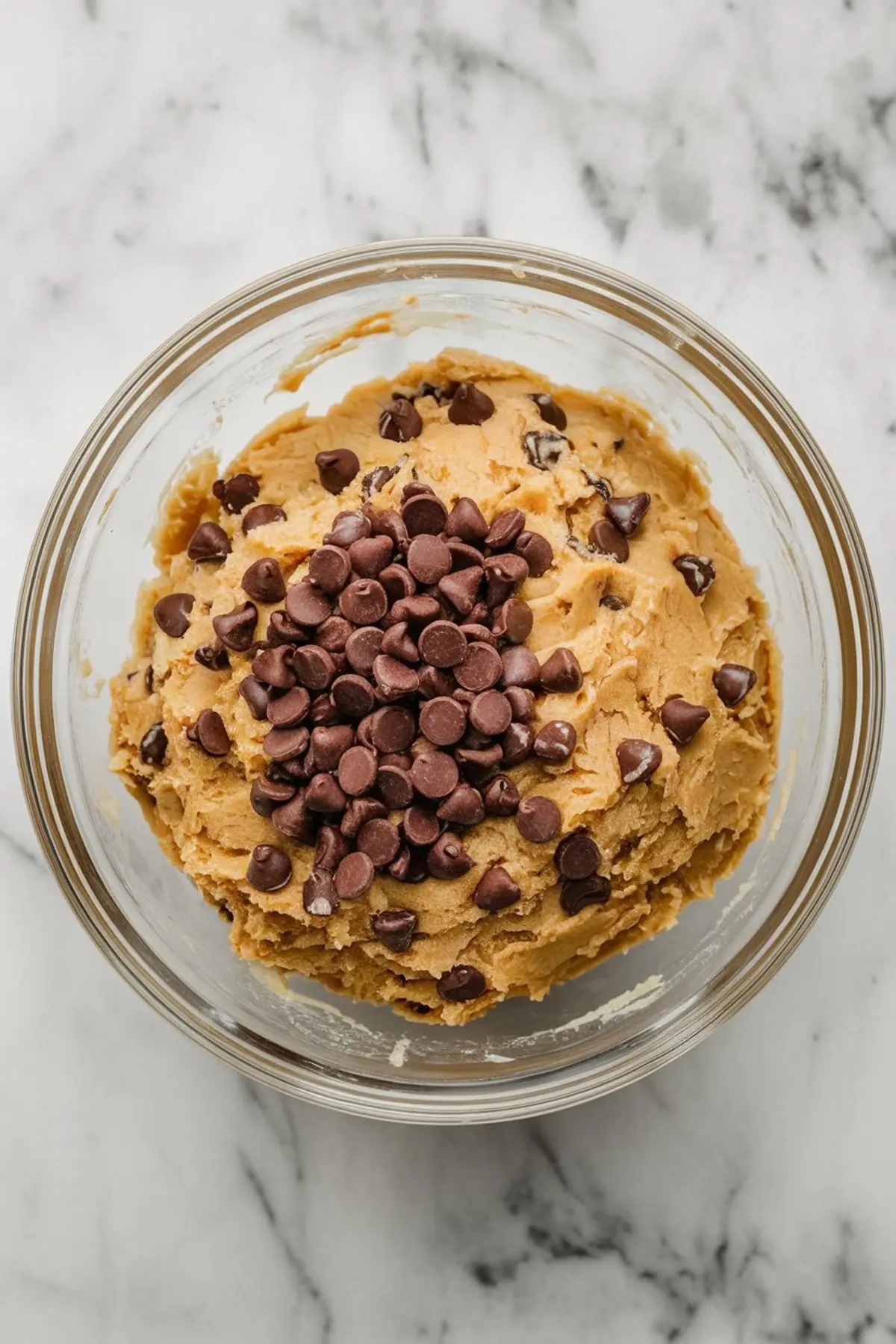 Overhead view of chocolate chip cookie dough in a glass bowl with chocolate chips mixed in and scattered on top, ready for baking.