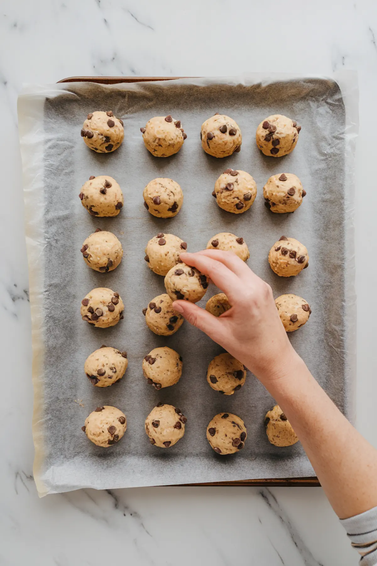 Overhead view of a parchment-lined baking tray filled with evenly spaced scoops of unbaked chocolate chip cookie dough, with a hand placing one scoop into position.