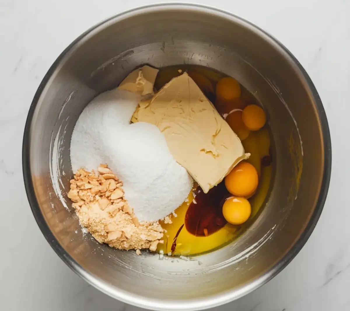 A stainless steel mixing bowl containing softened butter, granulated sugar, eggs, vanilla extract, and crushed nuts on a white marble surface, ready for baking preparation.