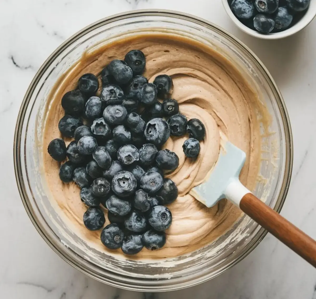 A glass mixing bowl with thick cake batter and fresh blueberries, partially mixed with a silicone spatula, alongside a small bowl of additional blueberries.