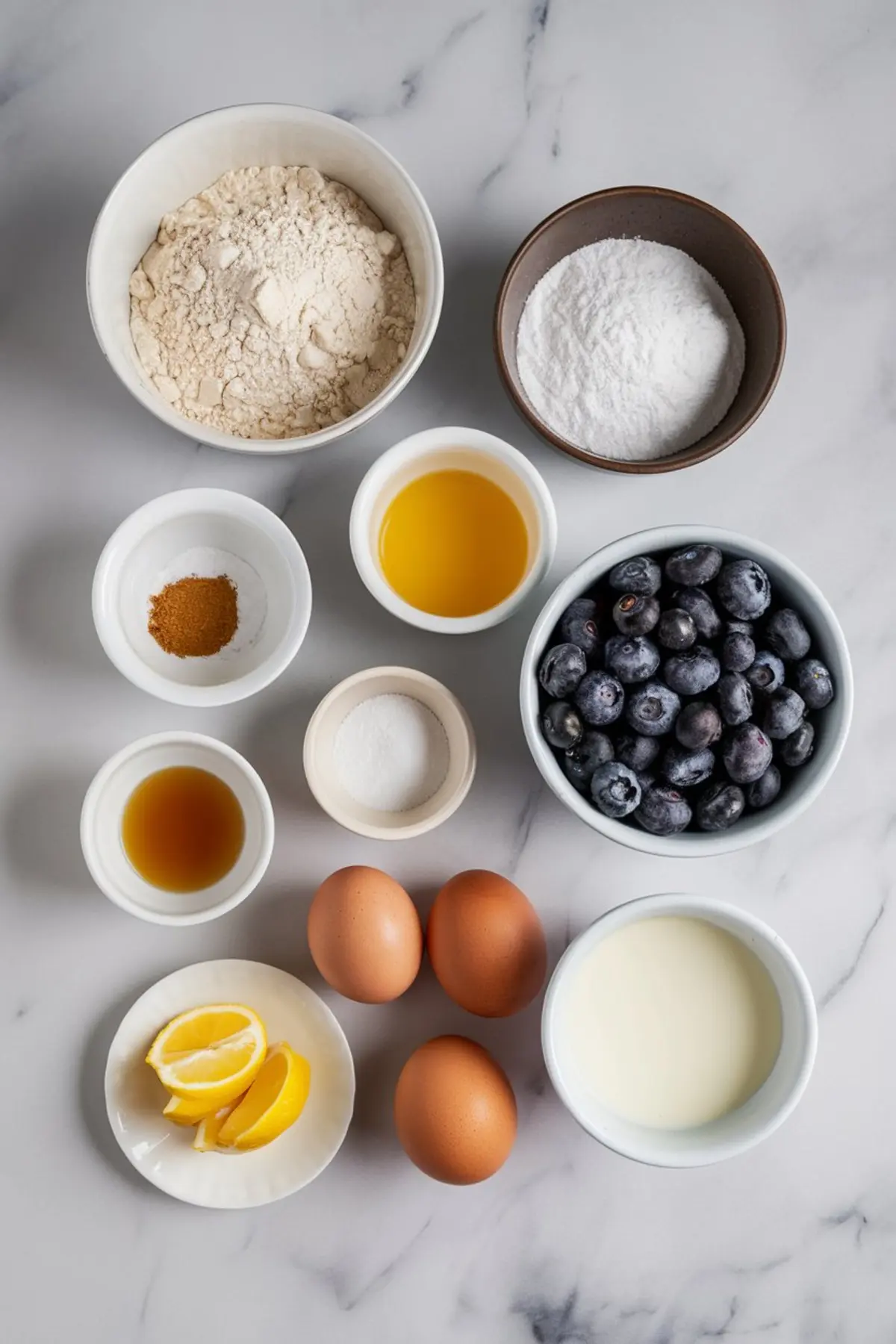 A flat lay of baking ingredients on a white marble surface, including flour, sugar, baking powder, cinnamon, vanilla extract, eggs, milk, lemon wedges, and fresh blueberries in ceramic and glass bowls.