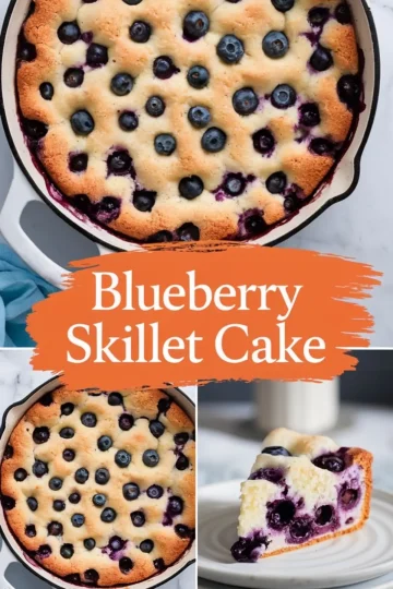 A collage featuring a blueberry skillet cake in a cast iron pan, a close-up of a golden-brown surface dotted with blueberries, and a plated slice showcasing a moist crumb and vibrant berries, with an orange text overlay reading “Blueberry Skillet Cake.”