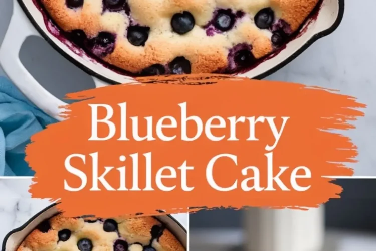A collage featuring a blueberry skillet cake in a cast iron pan, a close-up of a golden-brown surface dotted with blueberries, and a plated slice showcasing a moist crumb and vibrant berries, with an orange text overlay reading “Blueberry Skillet Cake.”