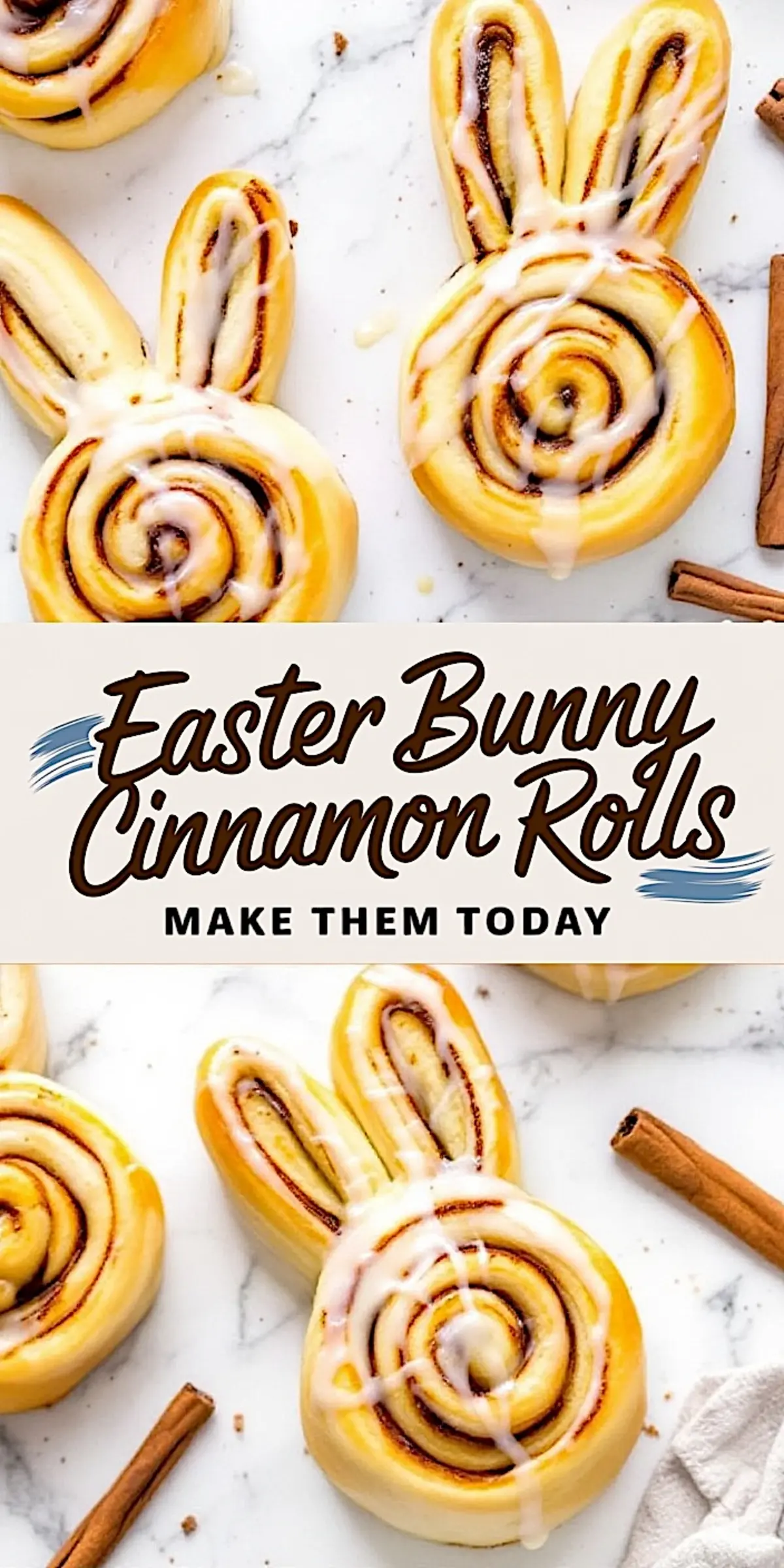 Easter bunny-shaped cinnamon rolls topped with sweet white icing, arranged on a marble surface with cinnamon sticks, creating a festive and fun Easter breakfast or dessert idea.