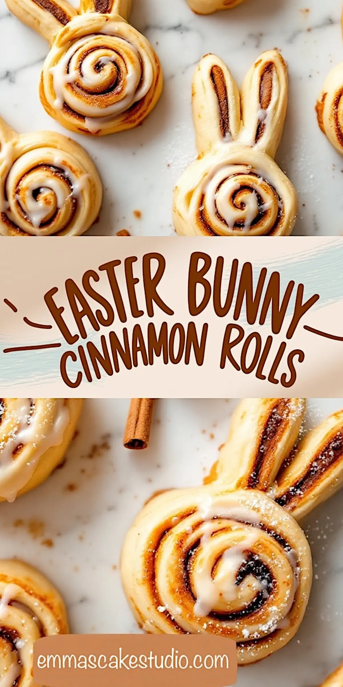 Glazed bunny-shaped cinnamon rolls with spiraled centers and long ears, placed on a marble background with scattered cinnamon sticks, featuring a playful “Easter Bunny Cinnamon Rolls” text overlay.