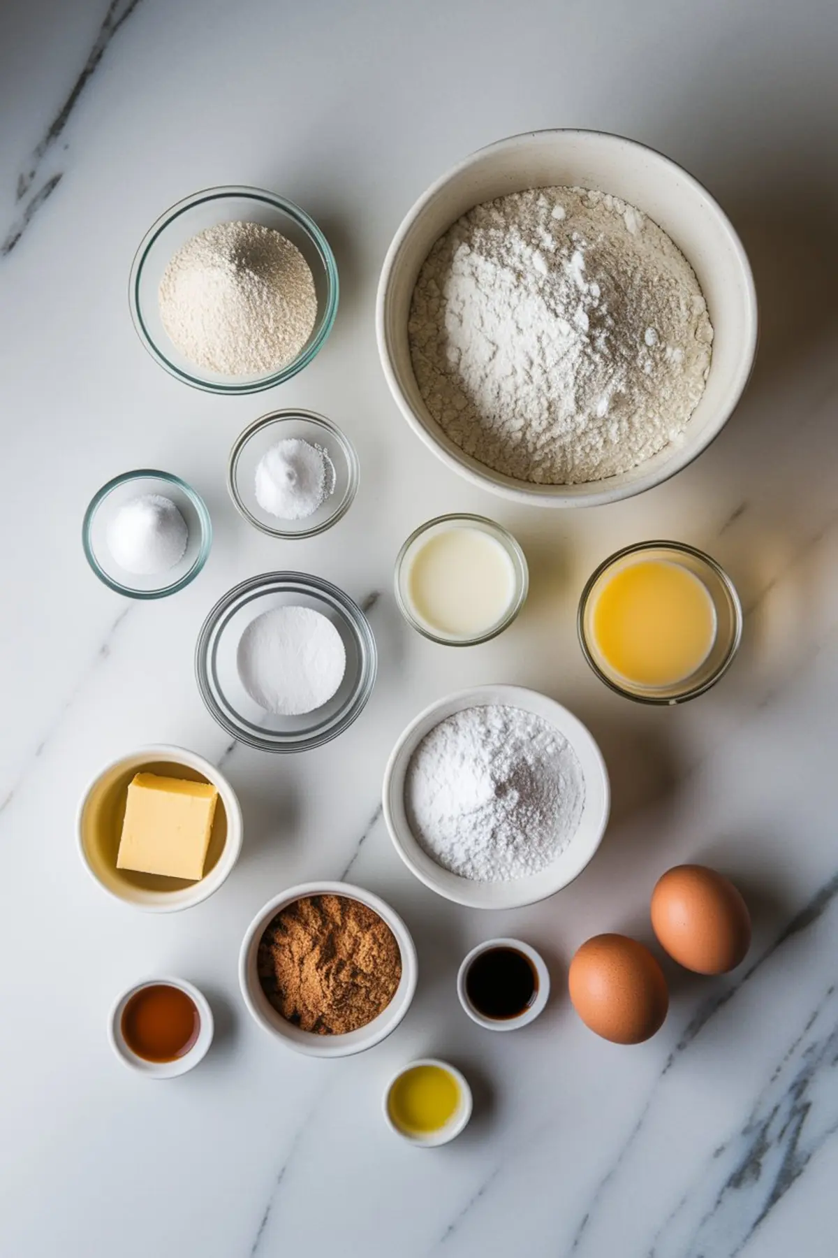 Flat lay of baking ingredients in small bowls, including flour, sugar, yeast, butter, brown sugar, eggs, milk, vanilla, salt, and orange juice, arranged on a white marble countertop for making cinnamon rolls.