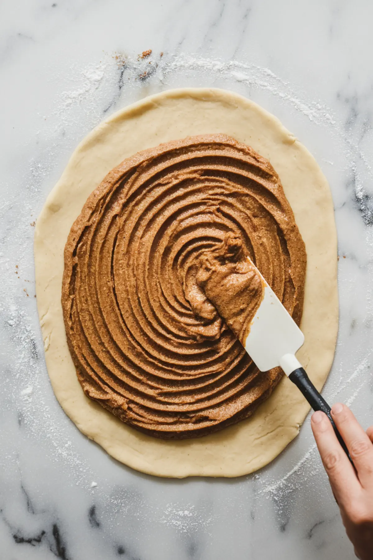 Rolled-out dough spread with a thick layer of cinnamon-sugar butter filling, shaped in smooth circular motions, with a hand holding a spatula, showing the process of preparing cinnamon rolls.