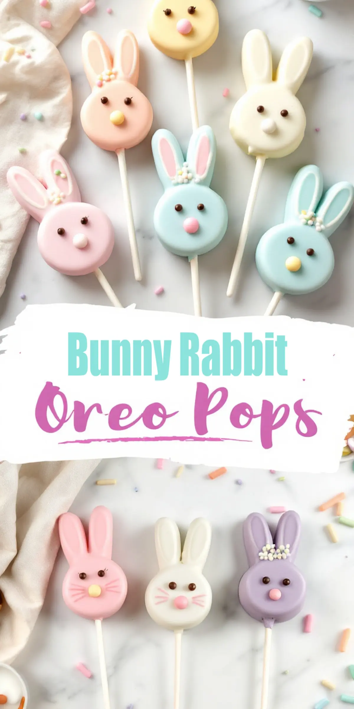 Bunny rabbit Oreo pops coated in pastel-colored chocolate and decorated with candy eyes, a pink nose, and fondant ears, displayed on lollipop sticks with sprinkles in the background. A fun Easter treat for kids.