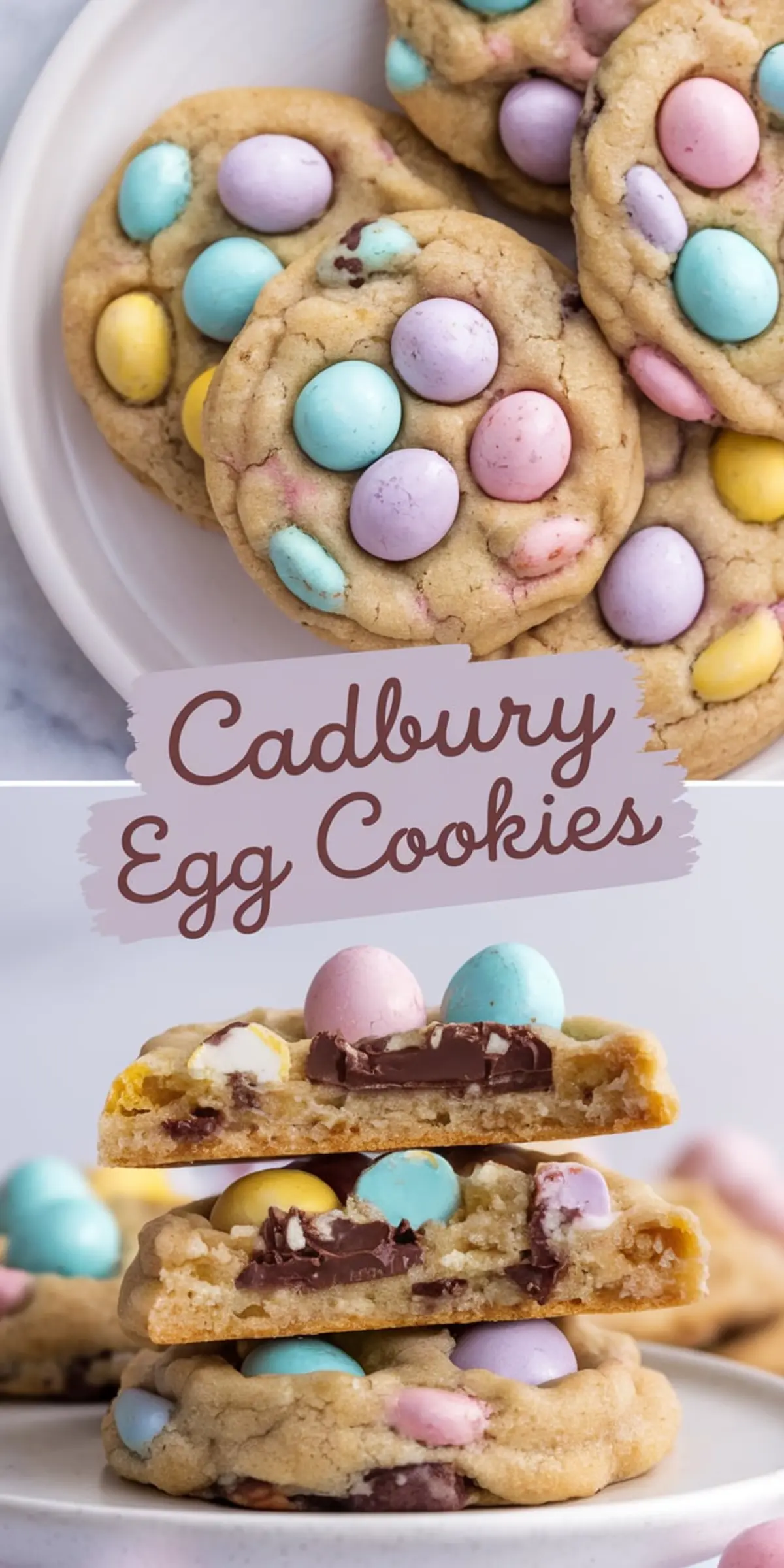 Cadbury egg cookies made with soft chocolate chip cookie dough, packed with pastel candy-coated chocolate eggs, with a gooey center and crispy edges, served on a white plate. A delicious Easter treat for kids.