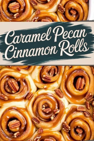 Close-up of caramel pecan cinnamon rolls drizzled with golden caramel sauce and topped with crunchy pecans. The warm, sticky rolls have a soft, fluffy texture, with rich cinnamon filling visible in each spiral. A text overlay reads “Caramel Pecan Cinnamon Rolls” in bold, stylish typography.