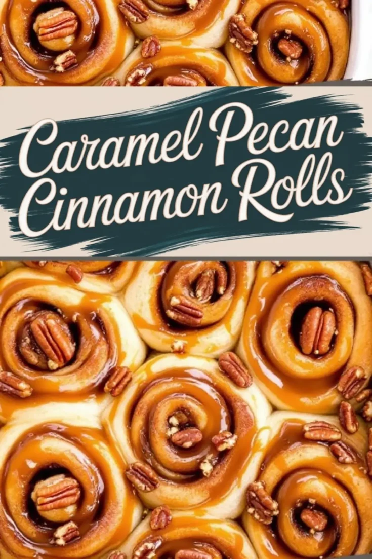Close-up of caramel pecan cinnamon rolls drizzled with golden caramel sauce and topped with crunchy pecans. The warm, sticky rolls have a soft, fluffy texture, with rich cinnamon filling visible in each spiral. A text overlay reads “Caramel Pecan Cinnamon Rolls” in bold, stylish typography.