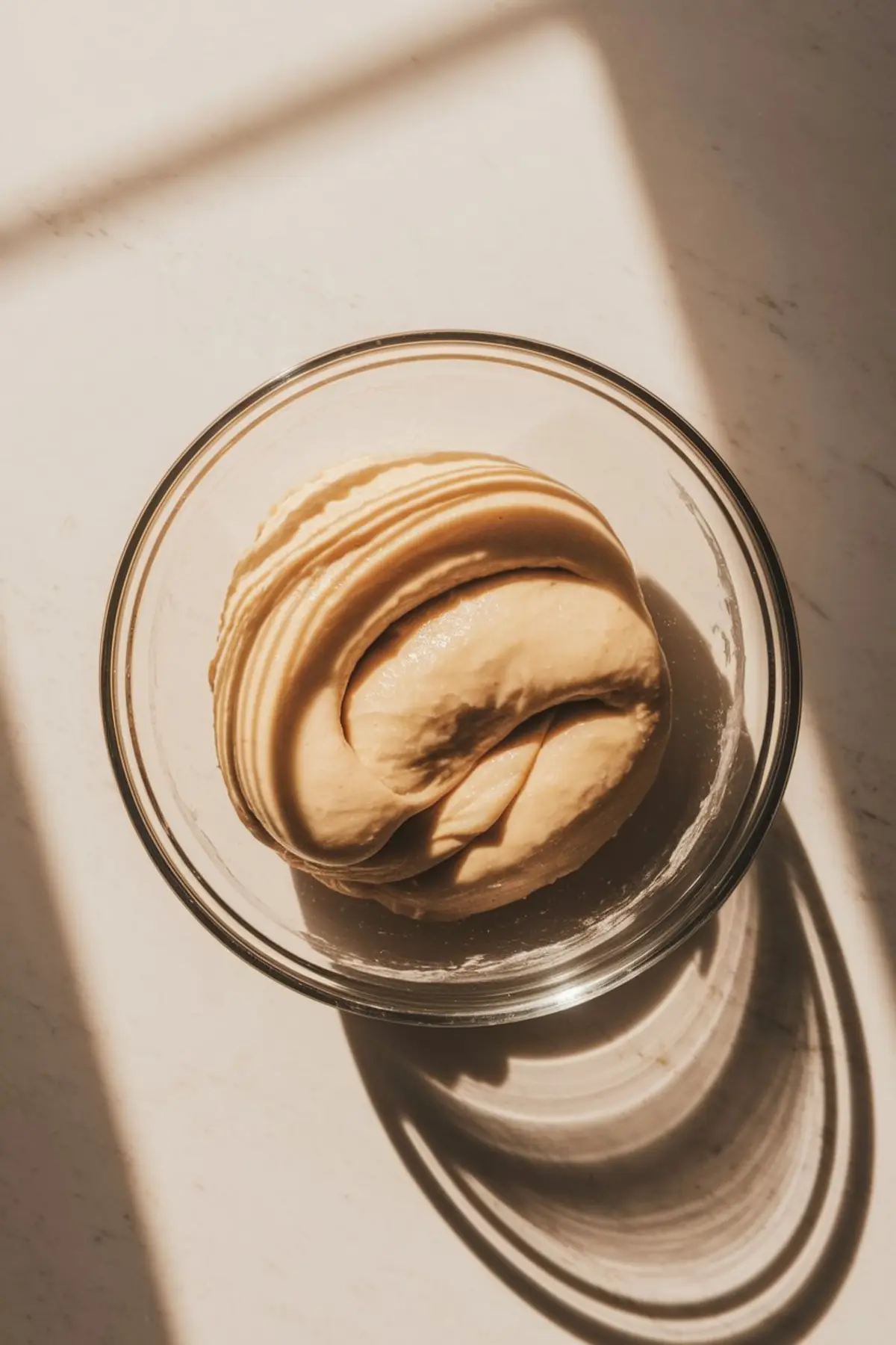 A ball of freshly kneaded cinnamon roll dough in a glass bowl, resting under warm natural light. The dough has a smooth, elastic texture and a slight sheen. Shadows from the sunlight cast soft lines across the surface.