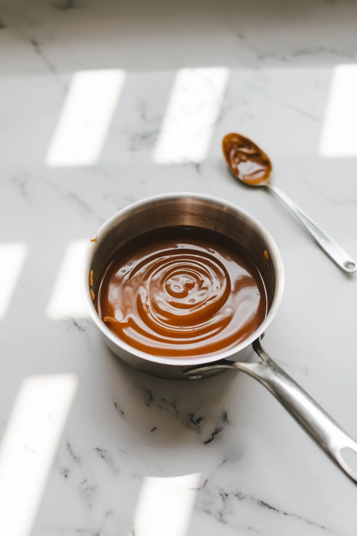 A saucepan filled with freshly made caramel sauce, swirled to a smooth, glossy finish. A silver spoon with remnants of caramel rests beside the pan on a marble countertop. Soft, natural lighting highlights the deep amber color of the sauce.