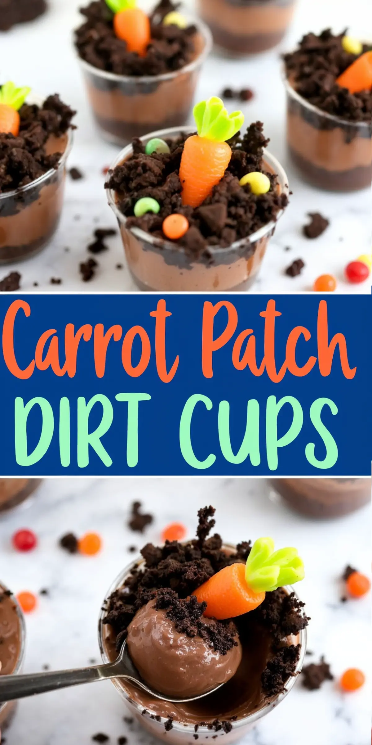 Carrot patch dirt cups made with layers of creamy chocolate pudding and crushed chocolate cookies, topped with a candy carrot and small round sprinkles resembling tiny vegetables. A playful Easter treat for kids.