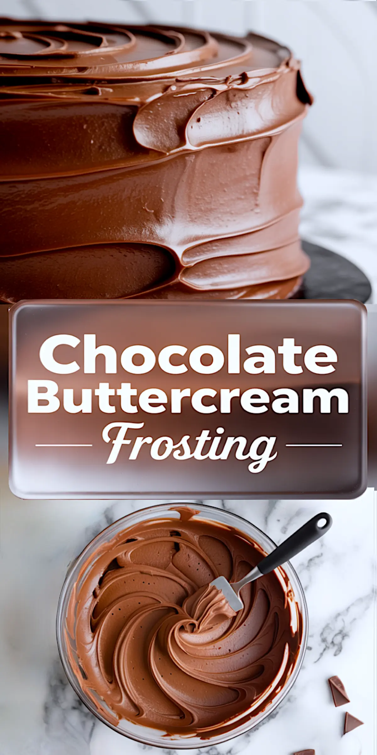 Smooth and glossy chocolate buttercream frosting swirled onto a layer cake, paired with a bowl of rich homemade chocolate buttercream and a spatula on marble background. This chocolate buttercream frosting recipe highlights a creamy texture ideal for decorating cakes, showcasing a homemade frosting option for classic cake frosting recipes and chocolate lovers.