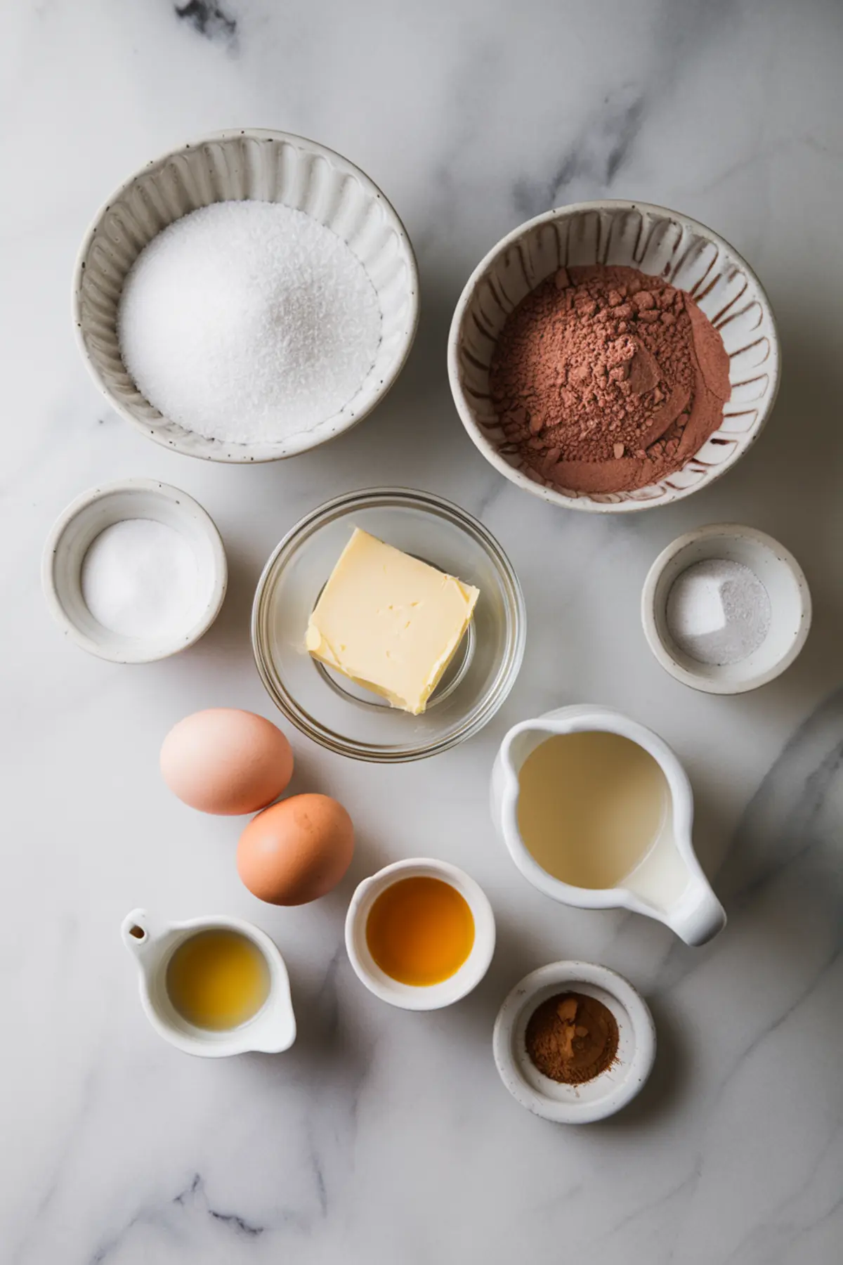 A flat lay of chocolate chess pie ingredients arranged on a marble countertop. Small ceramic bowls hold sugar, cocoa powder, salt, and cinnamon. Butter, eggs, vinegar, vanilla extract, and another liquid ingredient are placed in small dishes, creating a well-organized setup.