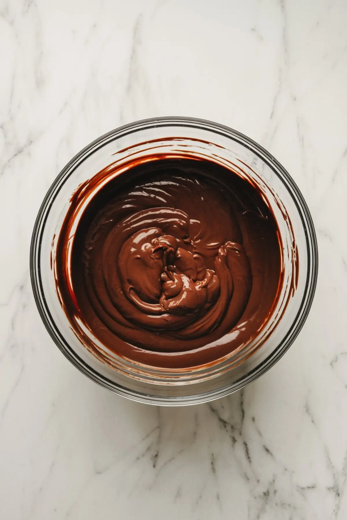 A glass bowl filled with smooth, glossy chocolate pie filling swirled in a circular motion. The deep brown color contrasts with the white marble countertop, emphasizing the rich, velvety texture of the mixture.