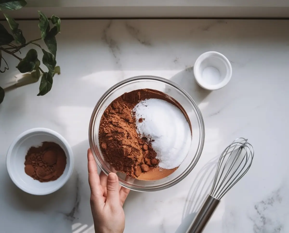 A hand holding a glass bowl filled with cocoa powder and sugar, with a whisk resting nearby on a white marble countertop. Other small bowls of dry ingredients are arranged around the workspace, illuminated by natural light from a nearby window.