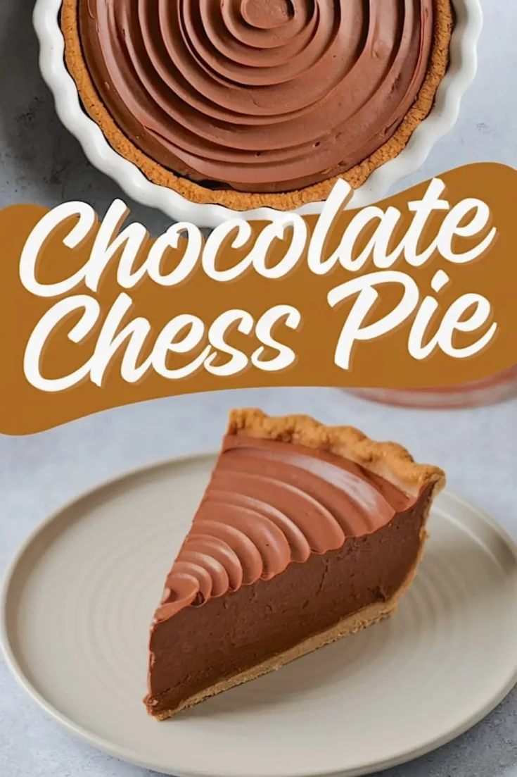 A chocolate chess pie in a white ceramic dish with a perfectly swirled chocolate filling and a golden crust. A plated slice reveals its rich, fudgy interior. The words “Chocolate Chess Pie” are styled in a bold, warm-toned font overlay.