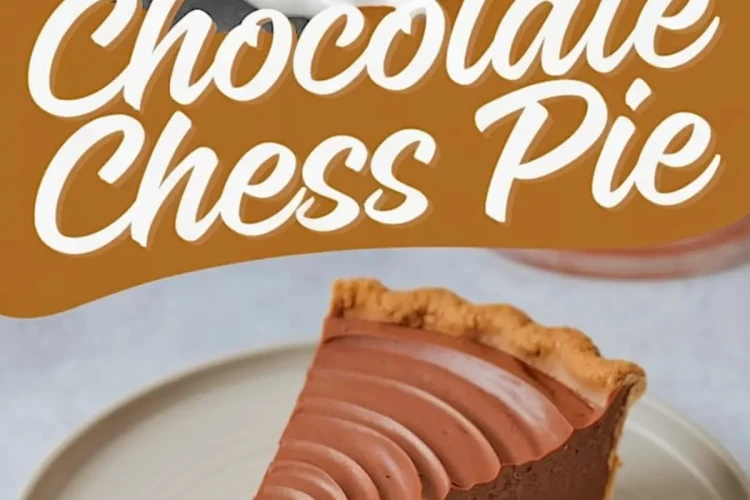 A chocolate chess pie in a white ceramic dish with a perfectly swirled chocolate filling and a golden crust. A plated slice reveals its rich, fudgy interior. The words “Chocolate Chess Pie” are styled in a bold, warm-toned font overlay.