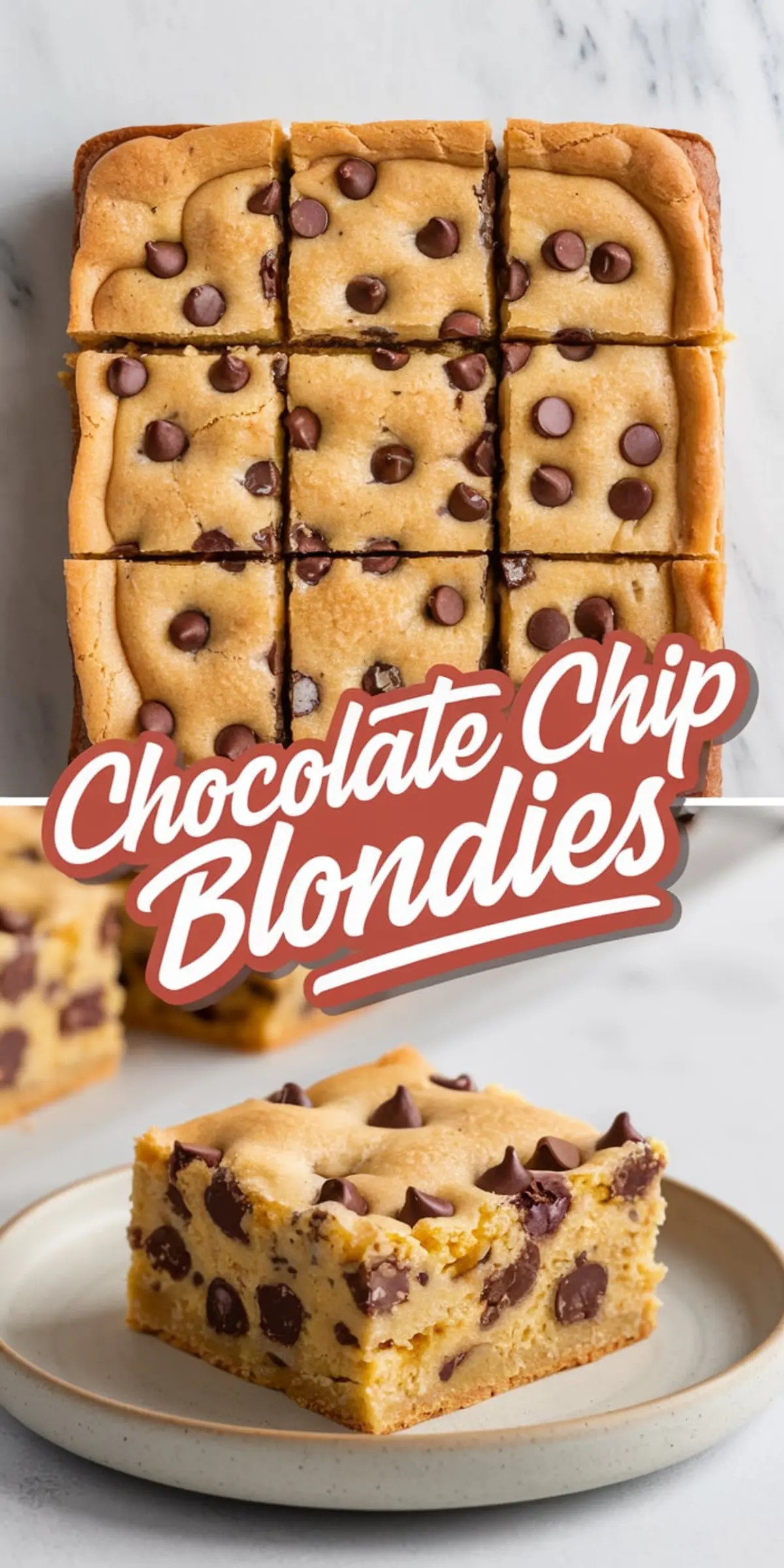 Collage showing top-down and side views of chocolate chip blondies with a smooth, golden top and melty chocolate chips, presented on a white plate over a light background.