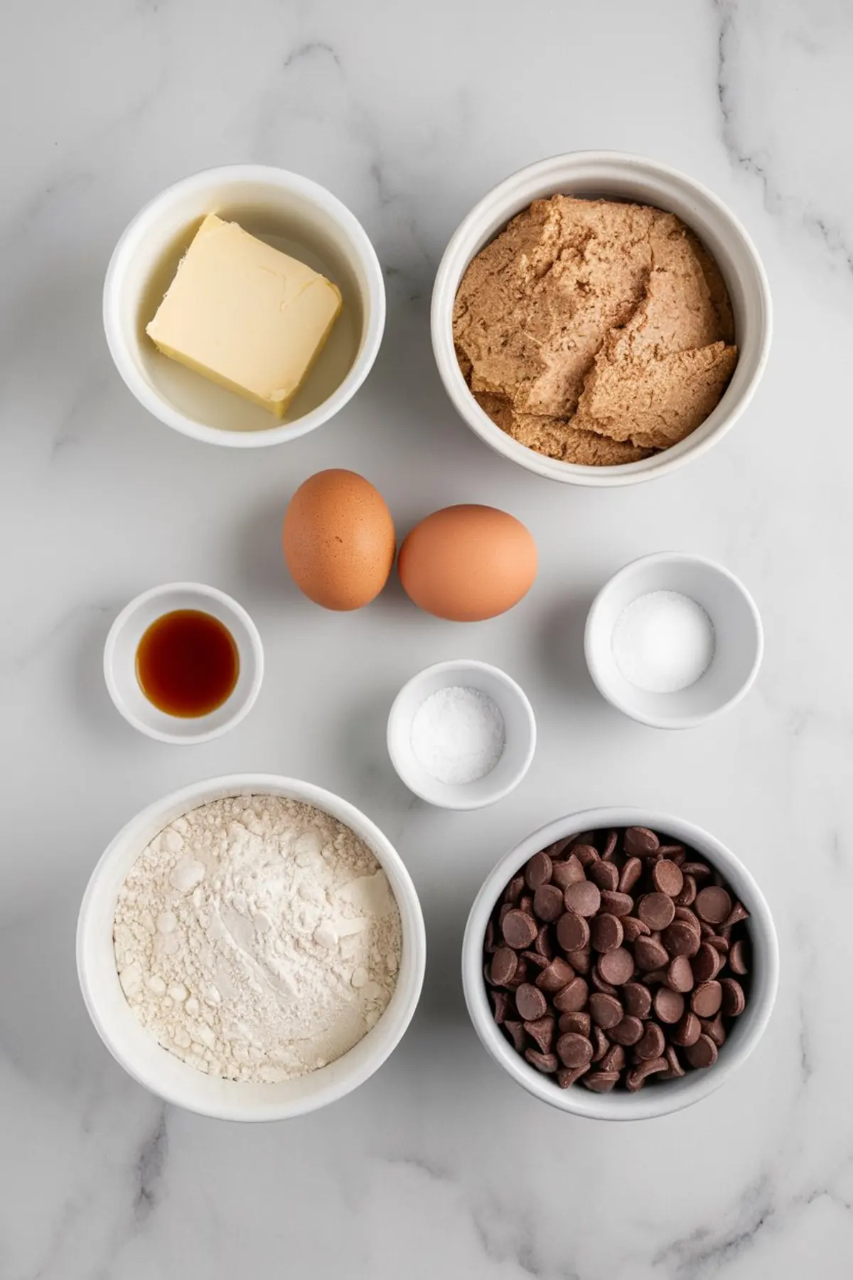 Overhead flat lay of blondie ingredients on a marble surface, including brown sugar, butter, flour, chocolate chips, eggs, baking soda, salt, and vanilla extract, arranged in white bowls.