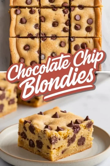 Collage displaying golden chocolate chip blondies cut into uniform squares with a close-up of one thick slice on a neutral-toned plate, showcasing a moist, buttery crumb filled with chocolate chips.