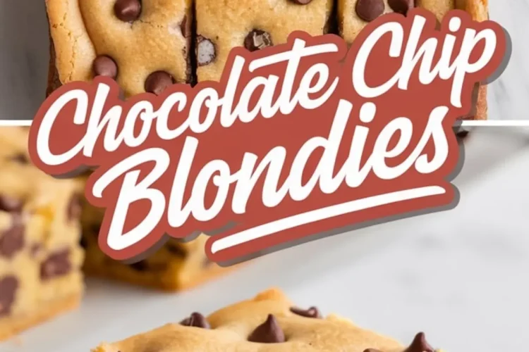 Collage displaying golden chocolate chip blondies cut into uniform squares with a close-up of one thick slice on a neutral-toned plate, showcasing a moist, buttery crumb filled with chocolate chips.