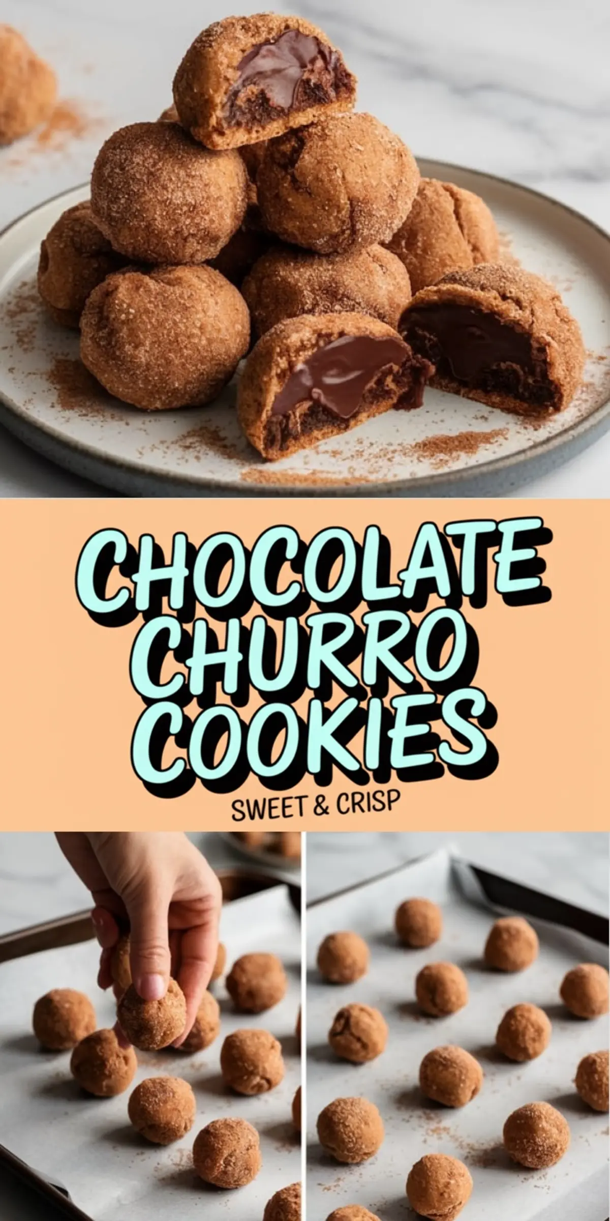 A collage showing chocolate churro cookies, featuring close-up shots of cookies coated in cinnamon sugar with gooey chocolate centers. The collage includes a text overlay that reads “Chocolate Churro Cookies Sweet & Crisp” and a step-by-step view of forming the cookie dough balls on parchment-lined trays. Perfect for showcasing homemade chocolate dessert ideas, churro-inspired cookies, and indulgent sweet treats.