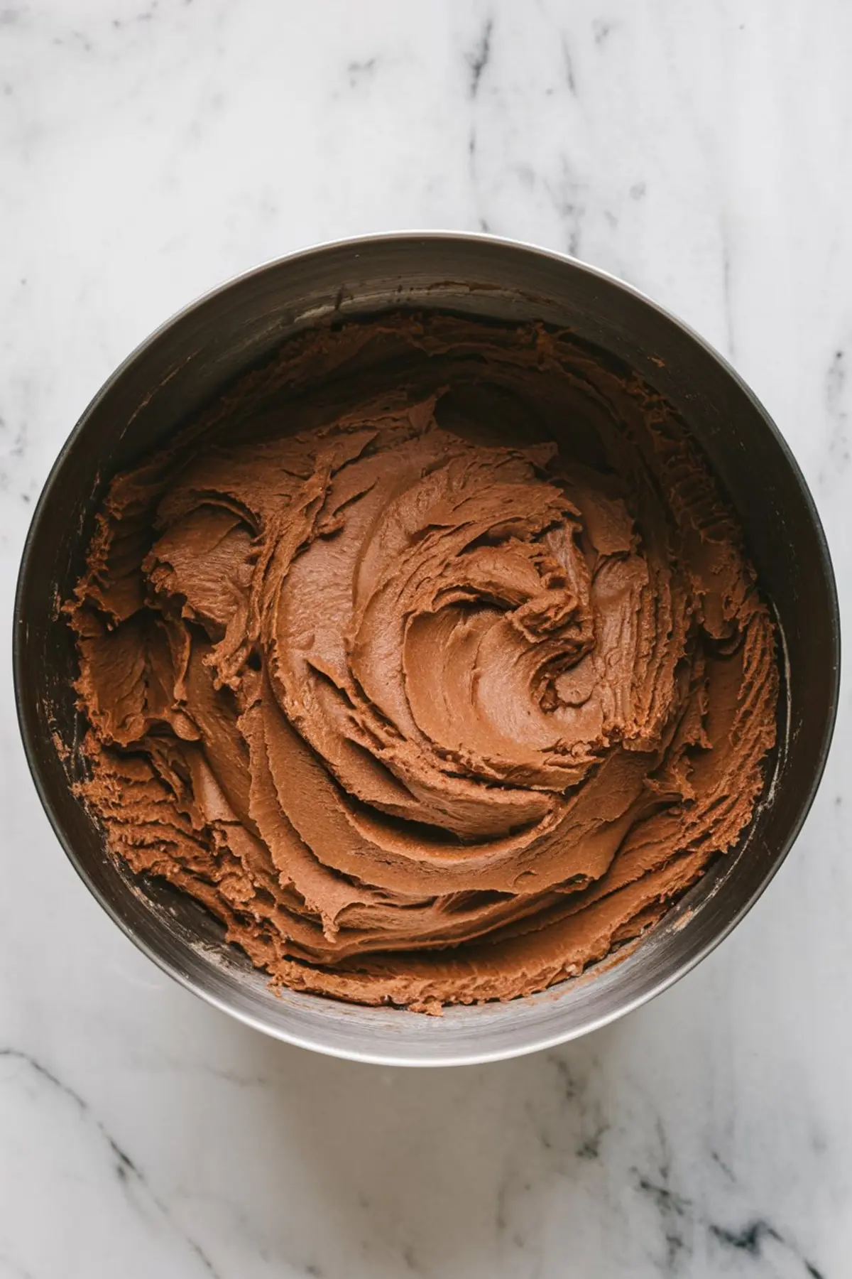 A metal mixing bowl filled with rich chocolate cookie dough swirled into soft peaks. The smooth, thick texture highlights the preparation stage of baking chocolate churro cookies, ideal for illustrating cookie dough consistency for baking tutorials, chocolate recipes, and dessert preparation guides.