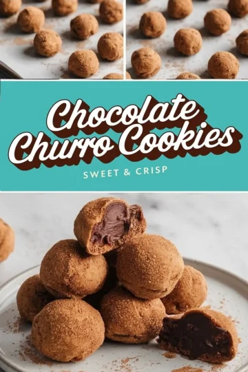 A collage featuring rows of chocolate churro cookie dough balls on parchment-lined baking sheets, a text overlay “Chocolate Churro Cookies Sweet & Crisp,” and a plate of finished cookies with one cut open to reveal a rich chocolate filling. This collage emphasizes the baking process and final presentation, suitable for cookie recipe posts and dessert inspiration.